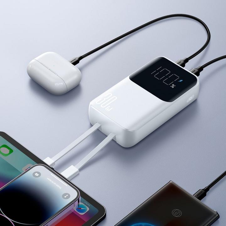Produktbild Joyroom 30W 20000mAh mini Power Bank with built-in Cables, USB-A & USB-C - White (10000 mAh, 30 W, 37 Wh)