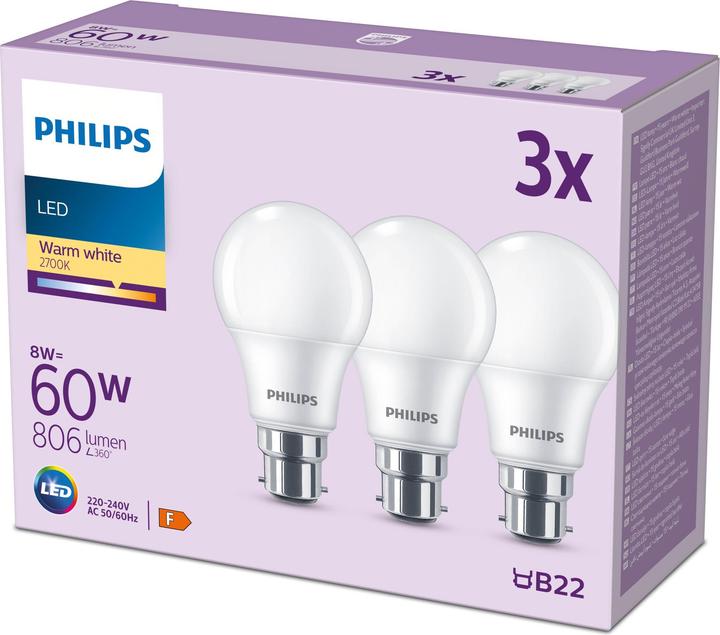 Produktbild Philips Lampe 60W A60 B22 x3 (B22, 8 W, 806 lm, 3 x, F)