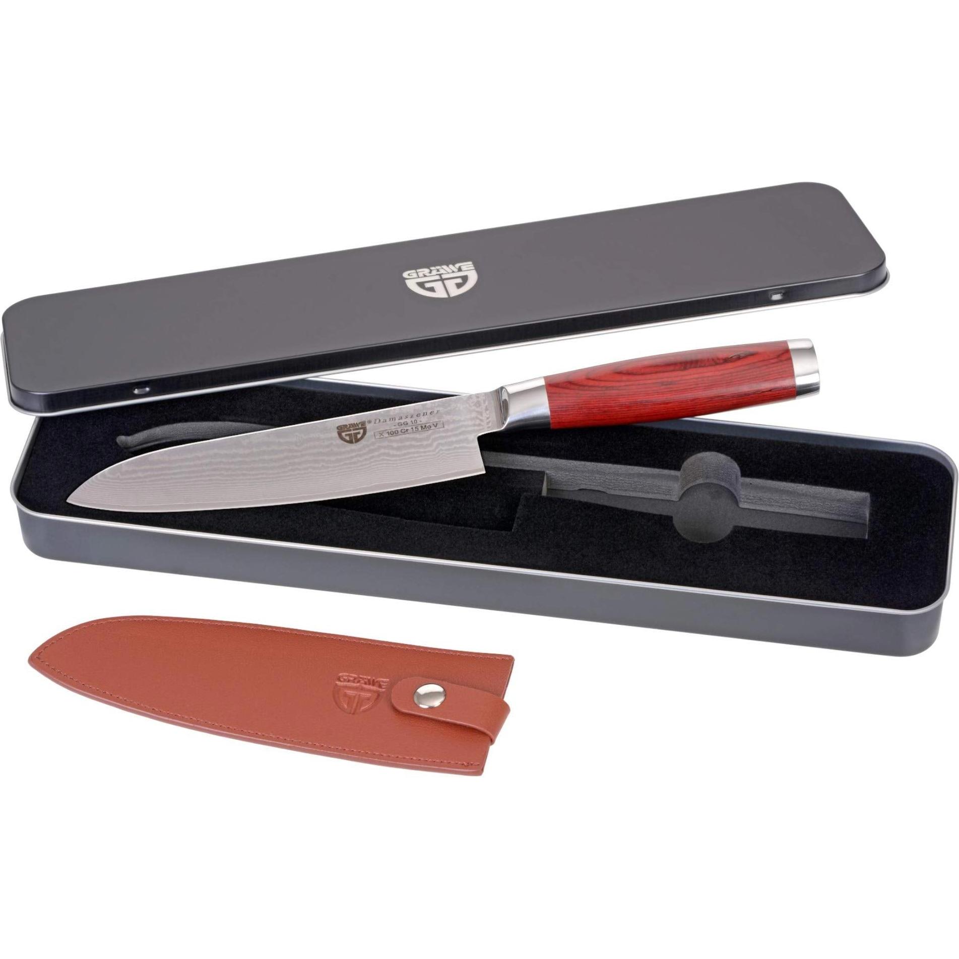 Thumbnail - Gräwe Damastmesser aus Damaststahl 17,5 cm, Küchenmesser, Rot, Silber