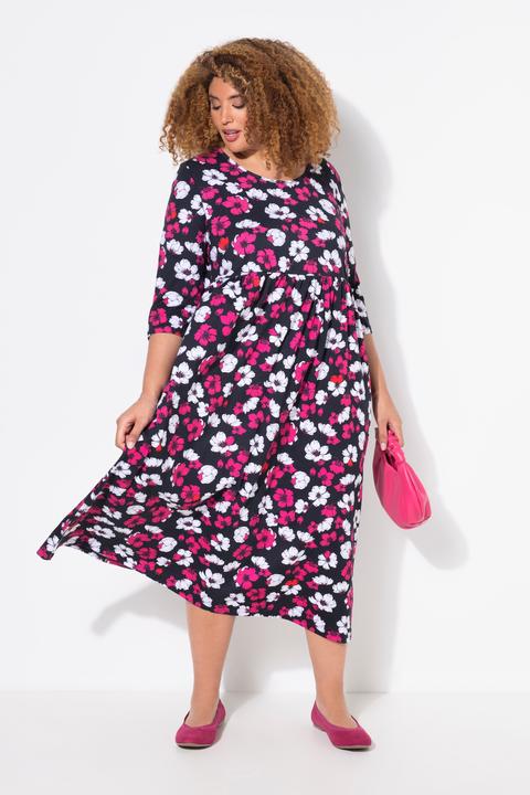 Immagine prodotto Ulla Popken Abito dal taglio svasato in jersey con fiori, tasche, scollo a girocollo e maniche a 3/4 (46, 48)