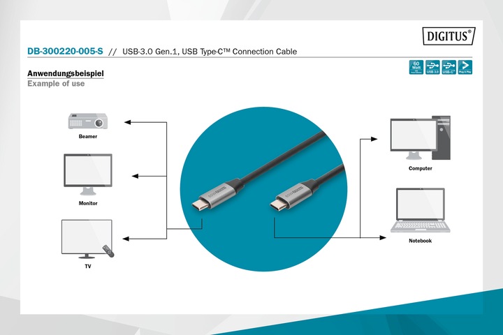 Produktbild Digitus USB-3.0 Gen.1, USB Type -C Anschlusskabel (0.50 m, USB 3.0)