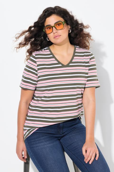 Actual product image Ulla Popken Colorful Striped Short Sleeve V-Neck Tee (42, 44)