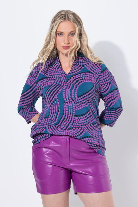 Actual product image Ulla Popken Dot Wave Print 3/4 Sleeve Goblet Collar Tee (62)