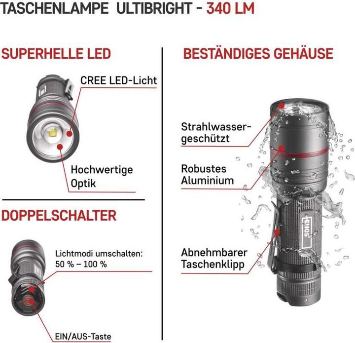 Actual product image Emos Torch, waterproof IP65, ULTIBRIGHT 70, CREE LED, 340lm, 3xAAA (12.40 cm, 340 lm)