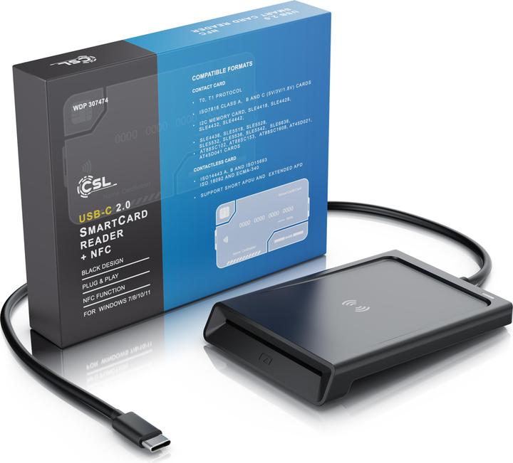 Produktbild CSL Chipkartenleser USB C Smart Card Reader, NFC, SIM Kartenlesegerät, kompatibel mit Mac OS X, Win 11 (USB)