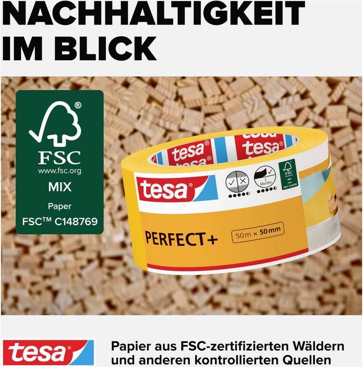 Produktbild tesa Malerkrepp Perfect+, Abdeckklebeband für präzises Abkleben im Innenbereich (50 mm)