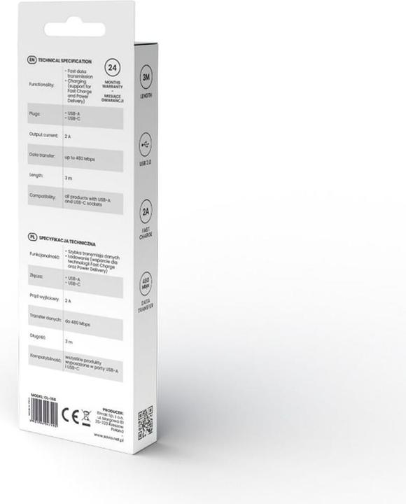 Image du produit Savio Câble USB 2 m USB 2.0 USB A - USB C Blanc CL-168 (3 m, USB 2.0)