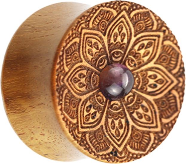 Produktbild Star Piercing Flared Plug Mandala Blume mit Amethyst Stein aus Teakholz (ohne Messing, Organisch, Mineralisch)