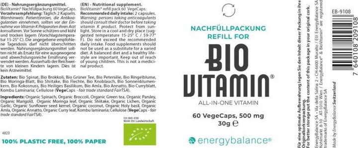 Nährwerte und Zutaten Energybalance Bio Vitamin Multivitaminpräparat 500mg Nachfüllpackung (60 Stück, Kapseln, 500 g)