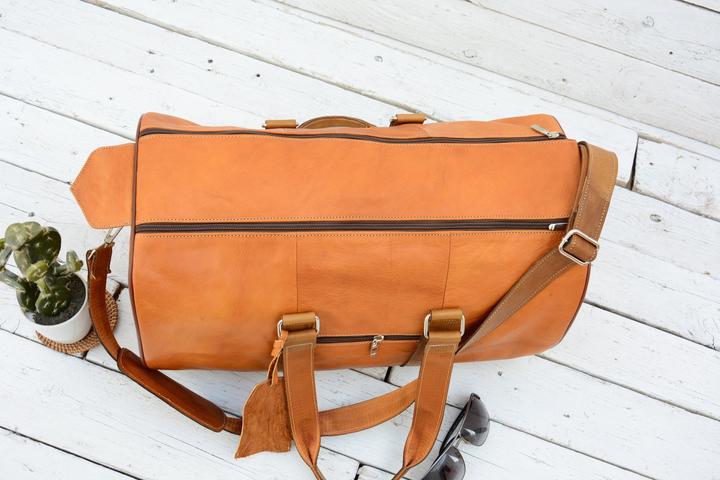 Produktbild Only-Bags.Store Camel Leder Duffel Bag, Hellbraune Gepäck Reisetasche, Weekender Tasche