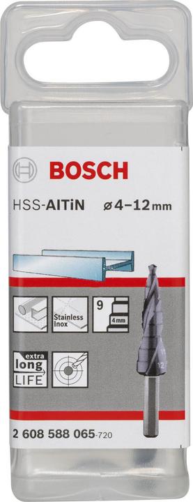 Produktbild Bosch Professional Zubehör Stufenbohrer HSS-AlTiN, 4 - 12 mm, 6 mm, 66,5 mm, 9 Stufen (12 mm)