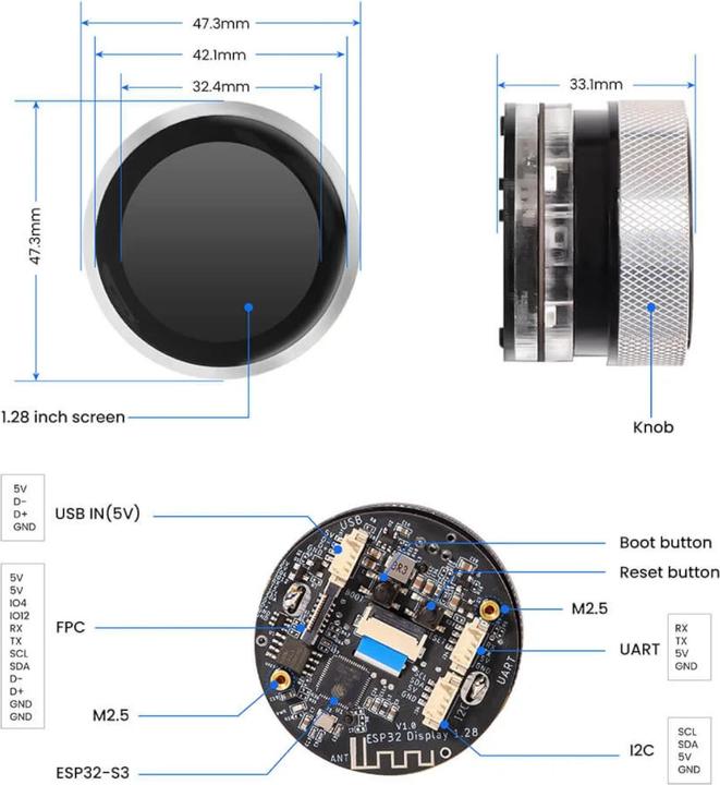 Actual product image Elecrow CrowPanel ESP32-S3 Intelligenter Drehknopf mit 1.28 Zoll IPS Touchscreen