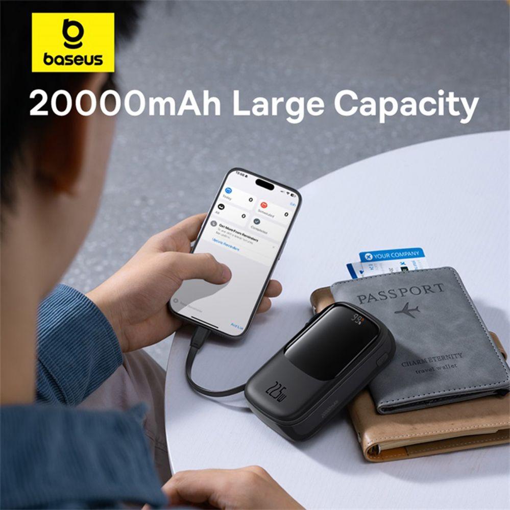 Thumbnail - Baseus Qpow Pro+ 20000 mAh 22,5 W Powerbank mit integriertem USB-C-Kabel und Display – Schwarz (20000 mAh, 22.50 W, 74 W...