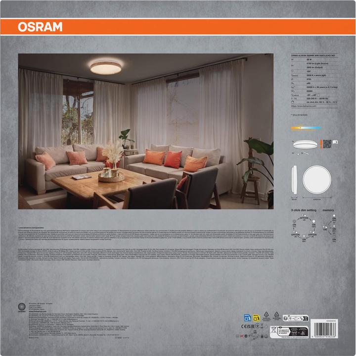 Produktbild Osram LED-Deckenleuchte mit Holzring, Dimmbar, 36 W, 3.000 K, EEK: D, IP20, warmweiss