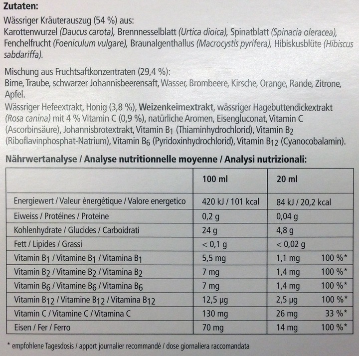 Nutritional values and ingredients Floradix Iron (1 Piece, Liquid, 600 g)