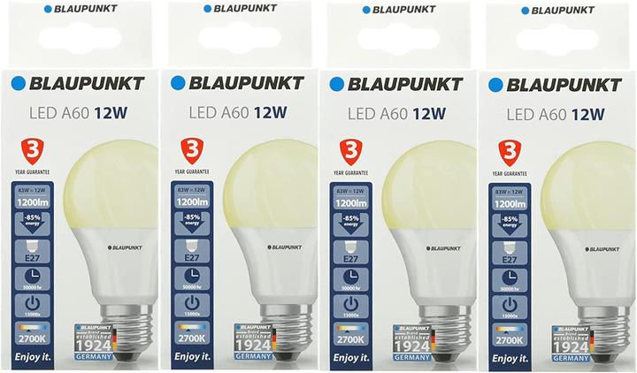 Image du produit Blaupunkt Ampoule LED E27 - 12W - Blanc chaud 2700K - Ampoules à Led - Pack de 4 (E27, 12 W, 1200 lm, 4 x, F)