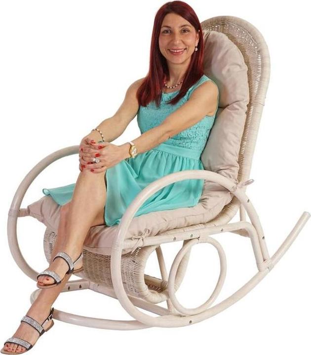 Immagine prodotto Swisshandel24 Sedia a dondolo, Poltrona in rattan, bianco - cuscino crema