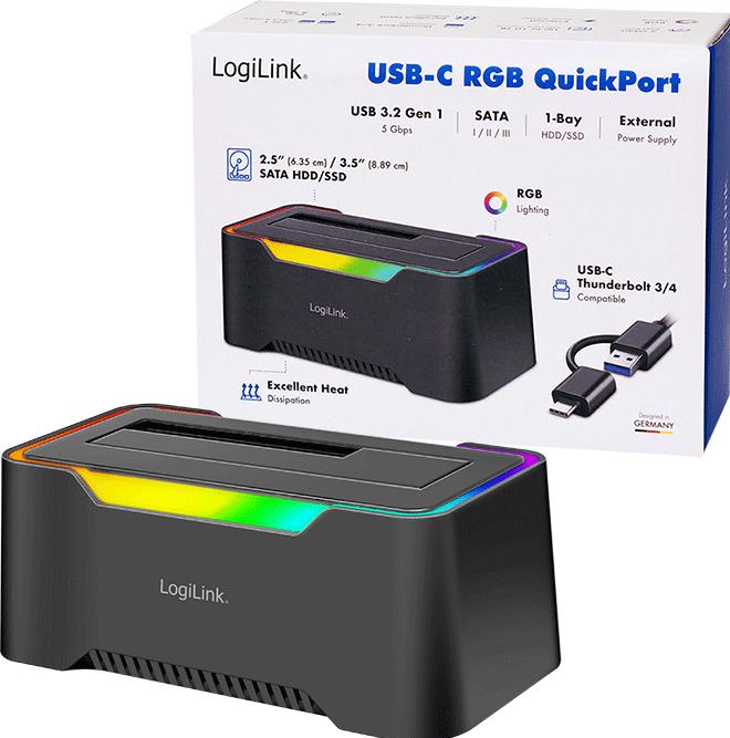 Immagine prodotto LogiLink USB-C 3.2 Gen 1 Docking Station, 1-Port, 2.5" & 3.5" SATA HDD/SSD, RGB-Licht, schwarz