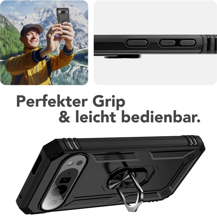 Produktbild Nalia RingDefend - Schwarze Panzerhülle mit 360-Grad Finger-Halter & Ständer - Military Style Cover (Google Pixel 9 Pro XL)