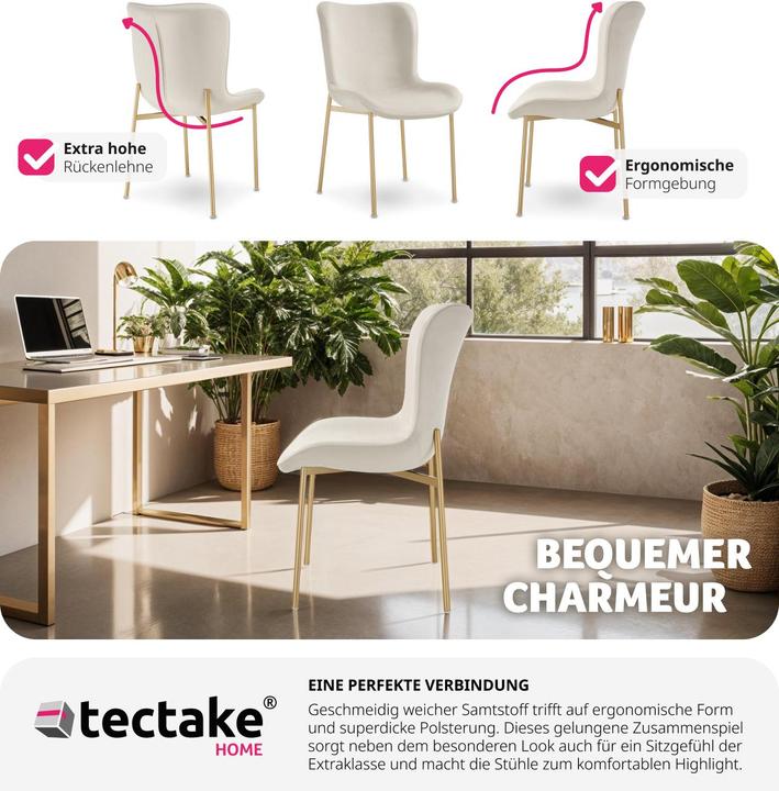 Immagine prodotto tectake Set di 4 sedie imbottite Tessa, effetto velluto, ergonomiche, bianco/dorato