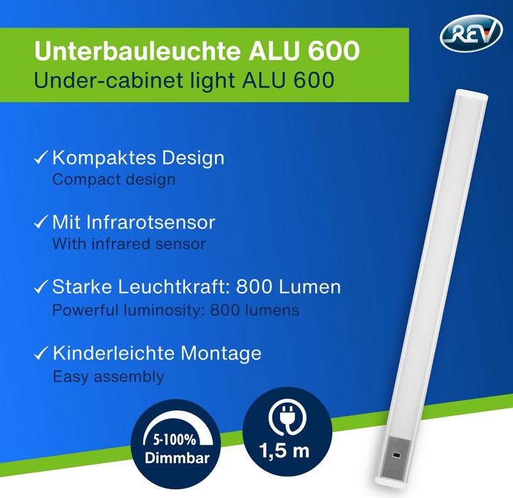 Produktbild REV LED-Unterbauleuchte Alu, 10W, 3000K, 800lm, warmweiss, IP20, 60 cm (800 lm)