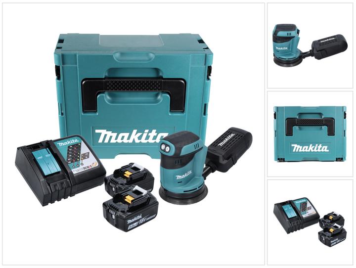 1x Makita DBO 180 Akku Exzenterschleifer, 1x Schleifpapier, 1x Staubsammelbox, 2x Makita BL 1850 B 18 V 5,0 Ah Akku, 1x Makita DC 18 RC Ladegerät, 1x Makita Makpac Koffer, 1x Universaleinlage