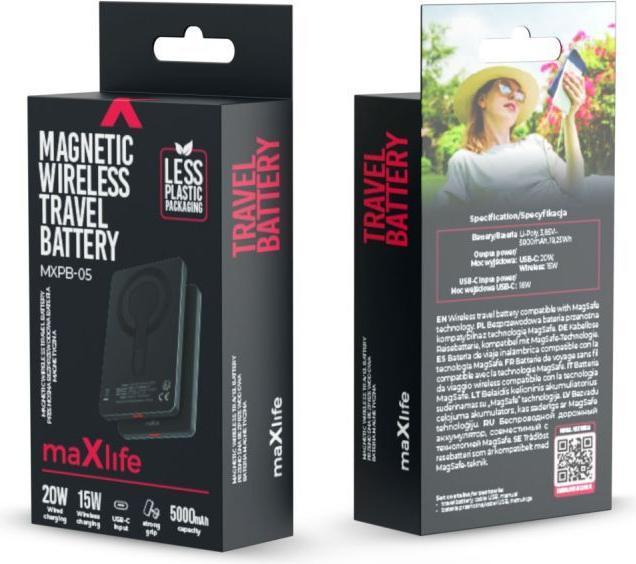 Produktbild Maxlife wireless power bank MXPB-05 20W PD 5000 mAh magnetic black (5000 mAh, 15 W)
