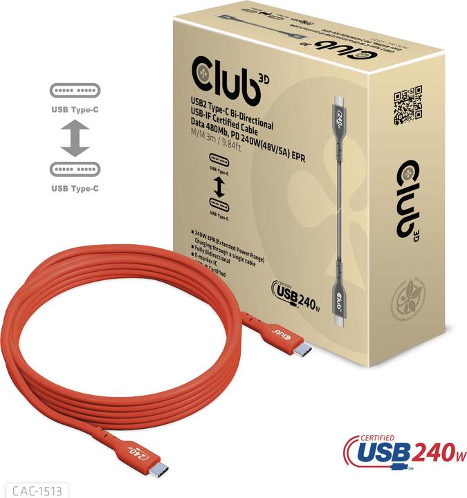 Image du produit Club 3D USB C - USB C (3 m, USB 2.0, 240 W)