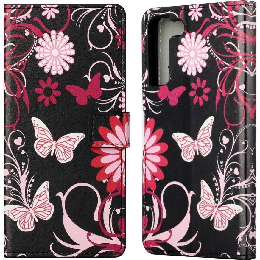 Cover-Discount Galaxy S22 - Leder Hülle Etui Schmetterlinge schwarz (Samsung Galaxy S22), Smartphone Hülle, Schwarz