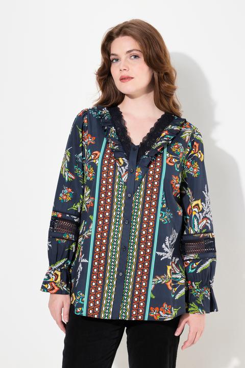 Image du produit Ulla Popken Blouse à col en V et manches longues, dentelle et ruché (54)