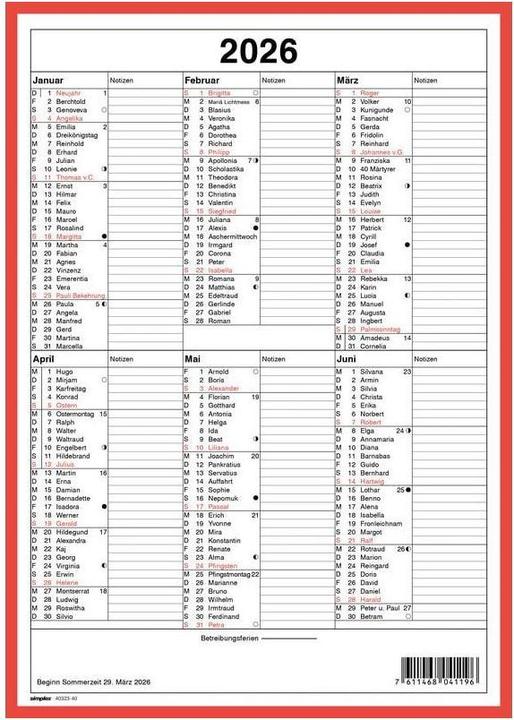 Nutritional values and ingredients Simplex Calendar with name days (A4)