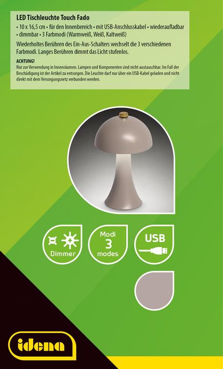 Actual product image Idena LED Tischleuchte Touch Fado Metall grau 10x16,5cm Akku USB C dimmbar 3 Modi Innen