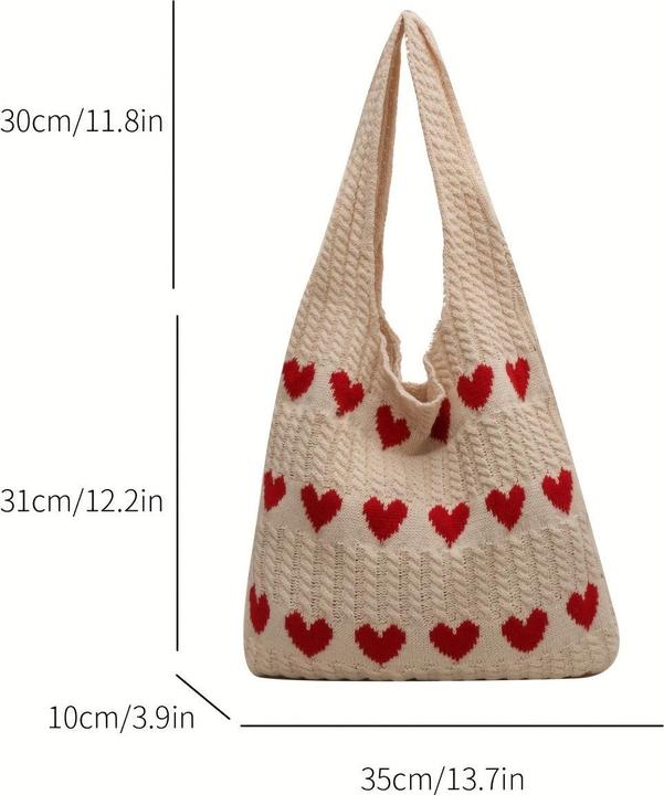 Actual product image Only-Bags.Store Minimalist hobo bag with love pattern, knitted shopping bag, lightweight holiday bag