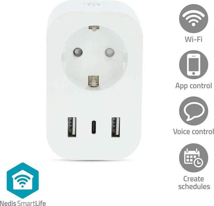 Immagine prodotto Nedis SmartLife Smart plug Wi-Fi | Misuratore di potenza | 3680 W | Tipo F (CEE 7/7) / 1x USB-C™ / 2x U