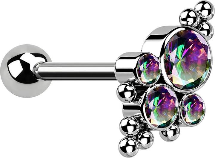 Actual product image Star Piercing Micro barbell internal thread silver with ball and beads four crystals dark multicolour (without brass, Titanium)