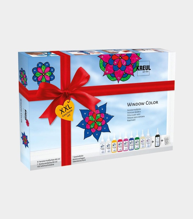 Produktbild Kreul Window Color XXL (Royalblau, Rubinrot, Schneeweiss, Rehbraun, Goldgelb, Pink, Glitzer-Gold, Schwarz, Mairün, Glitzer-Silber, 800 ml)