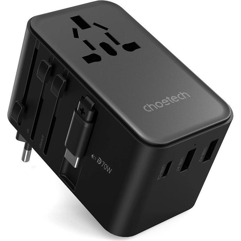 Choetech, Reiseadapter, PD5022 70W EU/US/AUS/UK Travel Adapter with Built-in USB-C Cable - Black