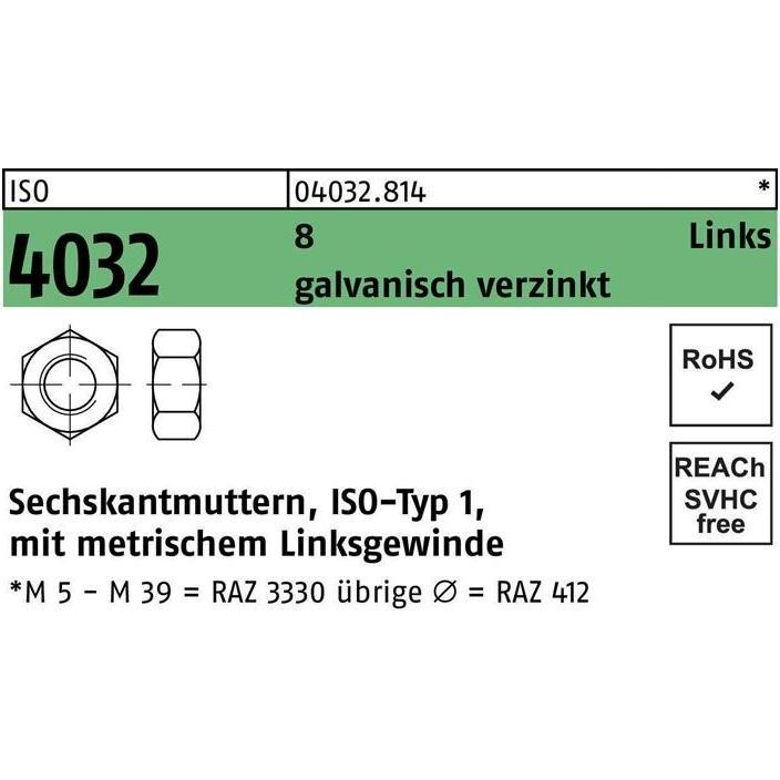 Bufab, Muttern + Unterlegscheiben, Sechskantmutter ISO 4032 links M 4 8 galvanisch verzinkt (M4)