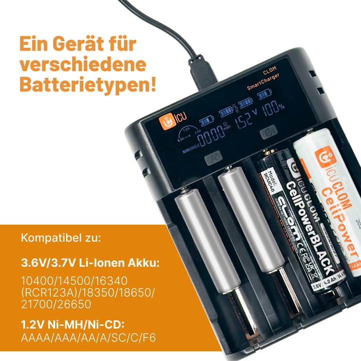 Actual product image ICUserver ICU SmartCharger Ladegerät LiIon, NiMH, NiCd 14500, 16340, 18350, 18650, 21700 (1 pcs., 14500, 16340, 18350, 18650, 21700, 26650, Chargers without battery)