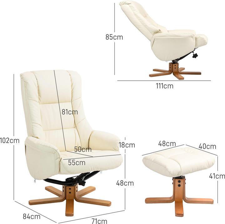 Actual product image Homcom Relaxsessel mit Hocker Kunstleder, Holz Cremeweiss