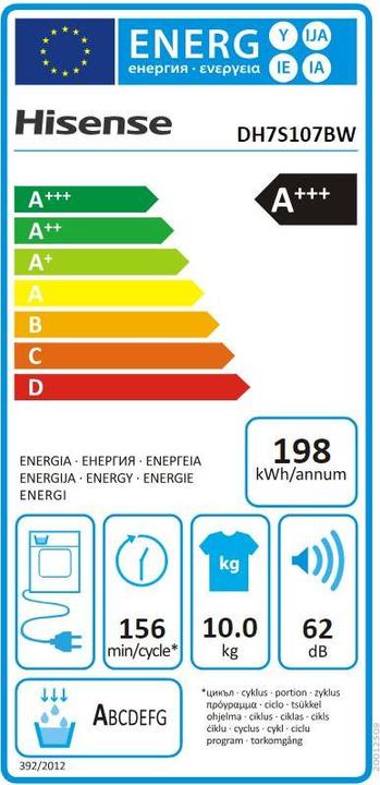 Label énergétique Hisense DH7S107BW (10 kg, Droite)