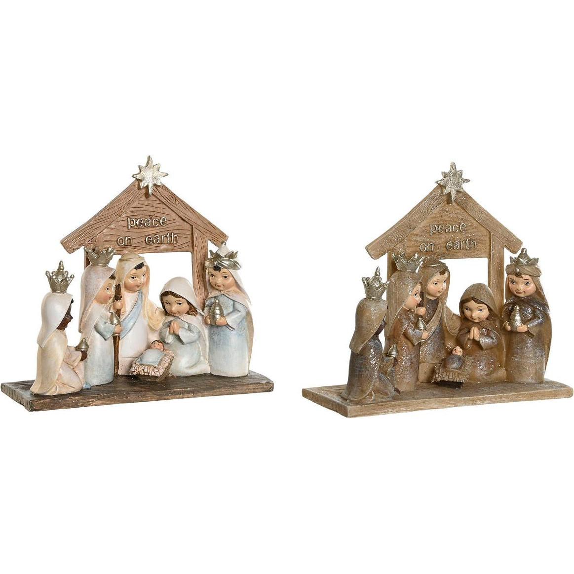 DKD Home Decor, Decorazione natalizia, Weihnachtskrippe Blau Braun Gold Harz 7 x 7 x 15,5 cm (2 Stück)