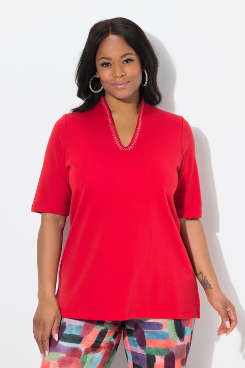 Actual product image Ulla Popken Rhinestone V-Neck Pima Cotton Tee (46, 48)