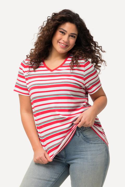 Actual product image Ulla Popken Mixed Stripe Short Sleeve V-Neck Tee (42, 44)