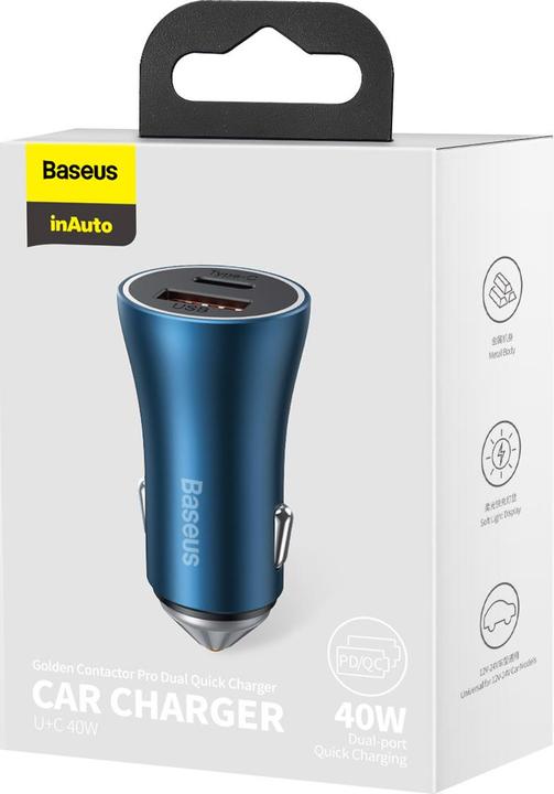 Actual product image Baseus Golden Contactor Pro car charger, USB + USB-C, QC4.0+, PD, SCP, 40W (blue)