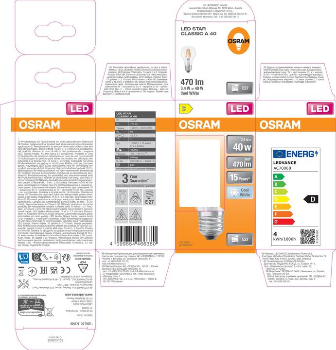 Image du produit Osram LED Leuchtmittel LED Retrofit CLASSIC A 3.4W 840 Clear E27 Neutralweiss 4099854466380 (E27, 470 lm, 6x)