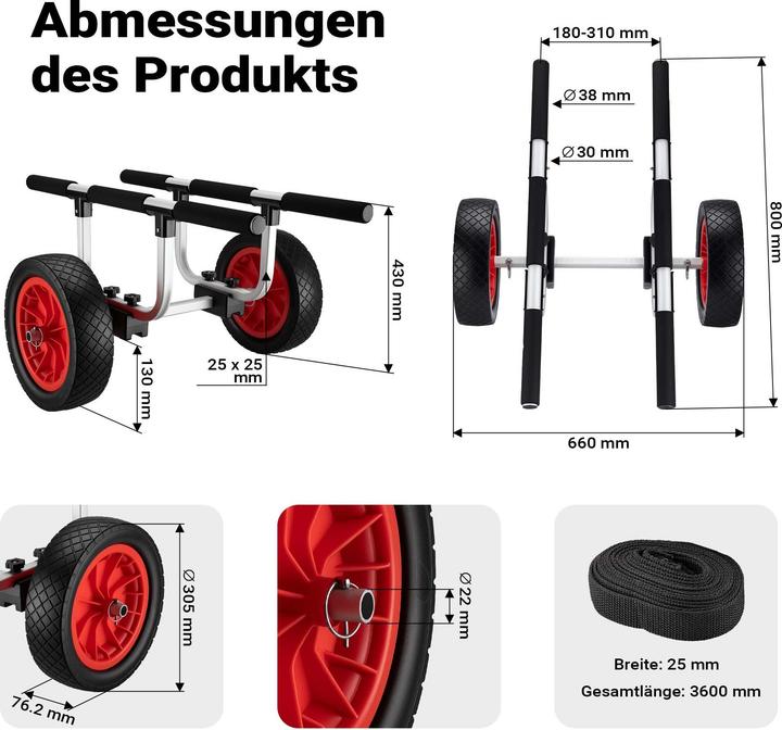 Produktbild Wiltec Alu Transportwagen 90kg grosses PU-Rad Ø31cm Kajakwagen Kanu Kanuwagen Kajak