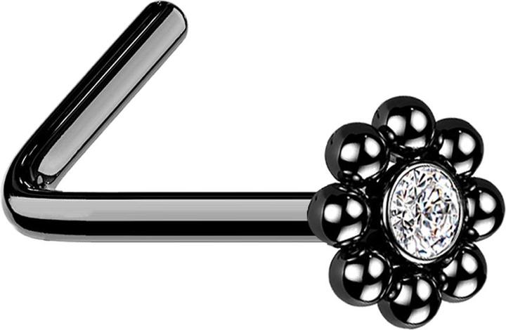 Image du produit Star Piercing Nasenstecker gewinkelt schwarz Blume mit Kugeln und Kristall (sans laiton, Acier chirurgical 316L)