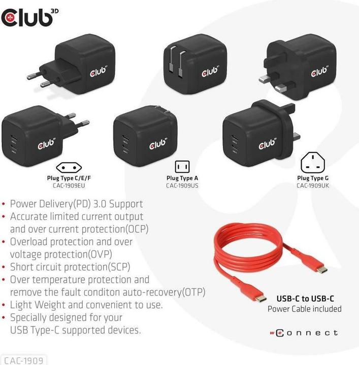 Produktbild Club 3D Ladegerät PPS 45W GAN, Power Delivery (PD) 3.0 (45 W, 2 Ports)
