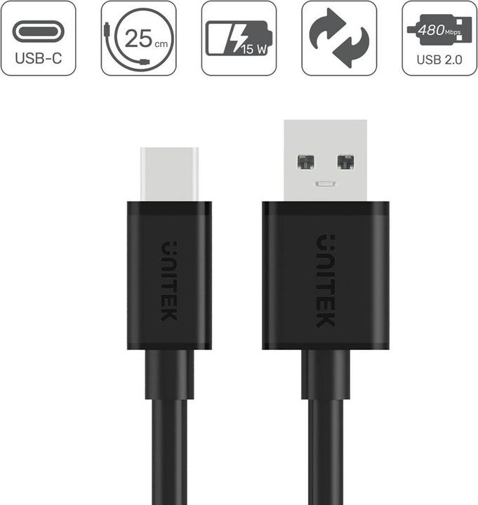 Actual product image Unitek USB A — USB C (0.25 m, USB 2.0, 15 W)